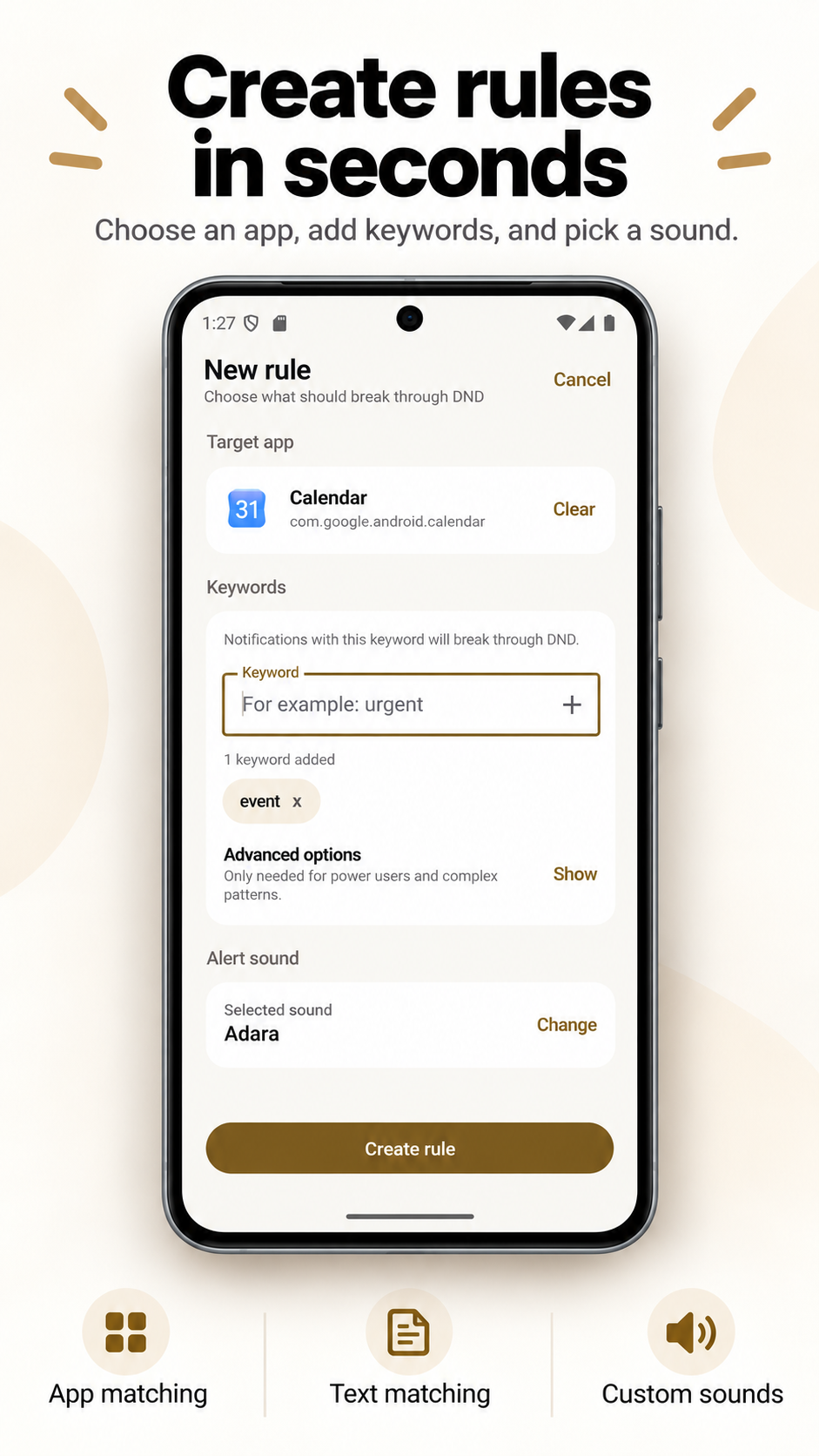 DND Override rule editor showing a selected Android app, one keyword and an alert sound