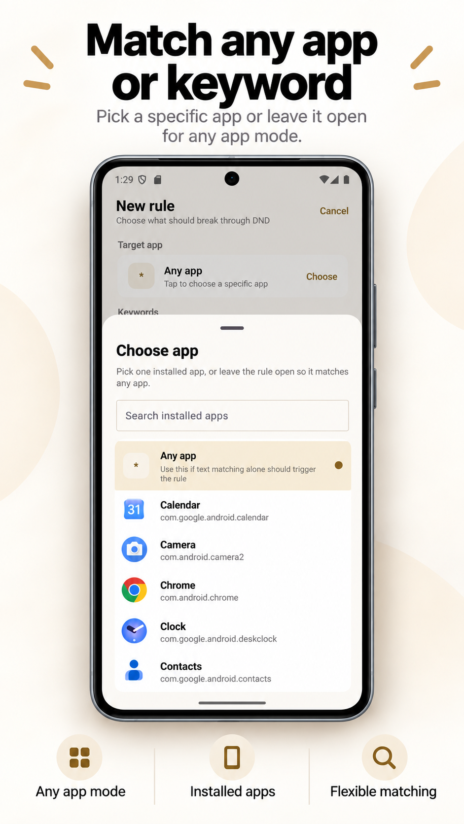 DND Override app picker showing Any app and installed Android apps